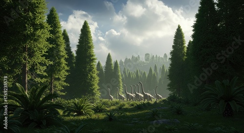 Fototapeta Naklejka Na Ścianę i Meble -  A herd of Brachiosaurus dinosaurs walking through a lush prehistoric forest scene