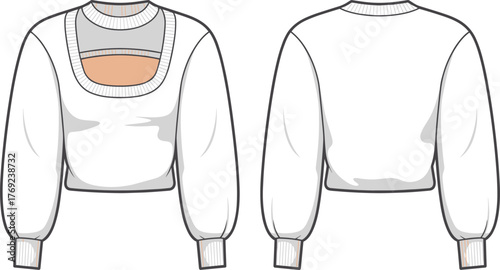 White cropped sweater with chest cut-out, voluminous sleeves, ribbed cuffs, scoop neckline, fashion flat sketch, cad drawing flat vector illustration