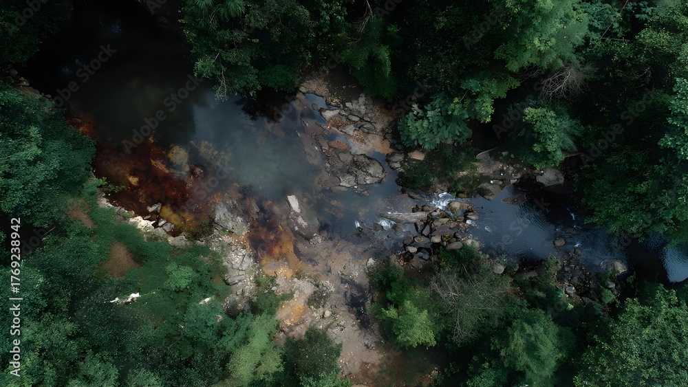 Obraz premium Aerial view of a forest stream winding through rocky terrain with steam and colorful mineral deposits. Concept Aerial Forest Stream, Winding Rocky Terrain, Steam Rising, Colorful Mineral Deposits