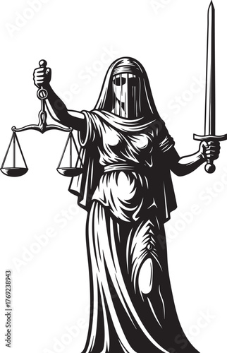 A striking black and white illustration of a veiled Lady Justice holding the scales of justice and a sword.