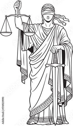 Black and white line drawing of a blindfolded Lady Justice holding the scales of justice and a sword.