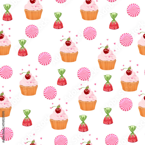 Seamless pattern with cake, strawberry candy, and caramel Pattern for packaging confectionery and other Vector illustration