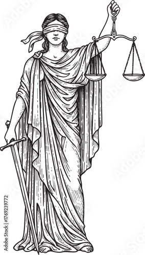 Classical black and white line drawing of a blindfolded Lady Justice holding balanced scales and a downwardpointing sword.