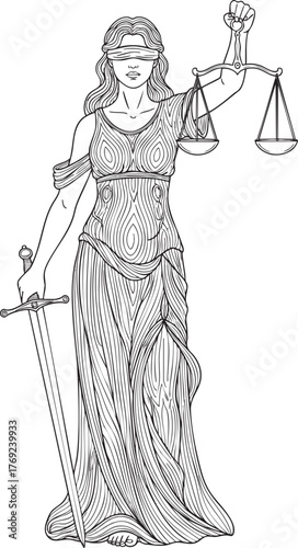 Detailed line art illustration of a blindfolded Lady Justice in a draped gown holding scales and a sword.