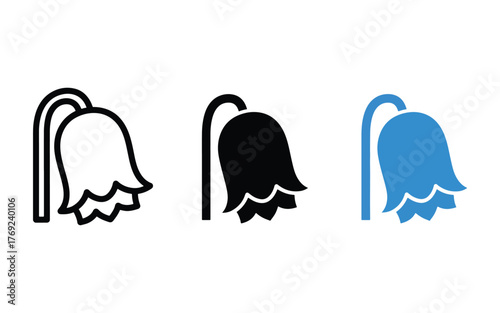 Three stylized icons representing a drooping bluebell flower in outline solid black and blue colors