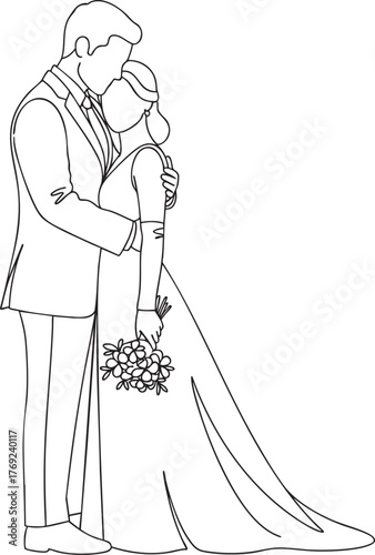 Elegant black and white line art of a faceless bride and groom in a tender wedding embrace.