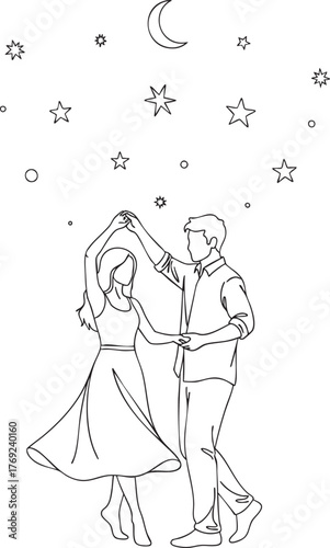 Elegant black and white line drawing of a young couple romantically dancing under the moon and stars.