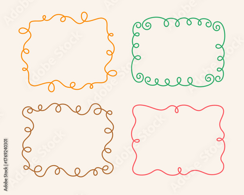 Rectangular doodle frame stamp, hand-drawn wavy curly engagement monograms. Edgings and cadres with simple sketchy scribble swirl design photo decoration old-fashioned greeting elements. Isolated. 