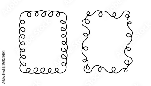 Rectangular doodle frame stamp, hand-drawn wavy curly engagement monograms. Edgings and cadres with simple sketchy scribble swirl design photo decoration old-fashioned greeting elements. Isolated. 