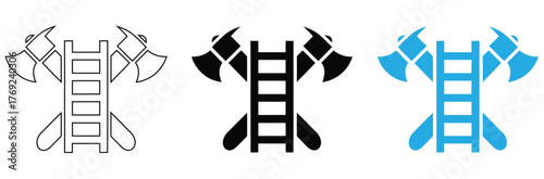 Labour day icon set.concept with icon of labour law, working hours, axe,mining cart,gear,brick wall ,traffic cone, protes,Axe and ladder icons for safety or construction designs,editable stroke icons,