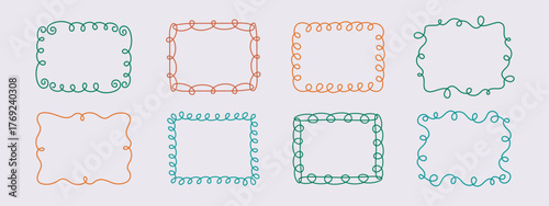 Rectangular doodle frame stamp, hand-drawn wavy curly engagement monograms. Edgings and cadres with simple sketchy scribble swirl design photo decoration old-fashioned greeting elements. Isolated. 