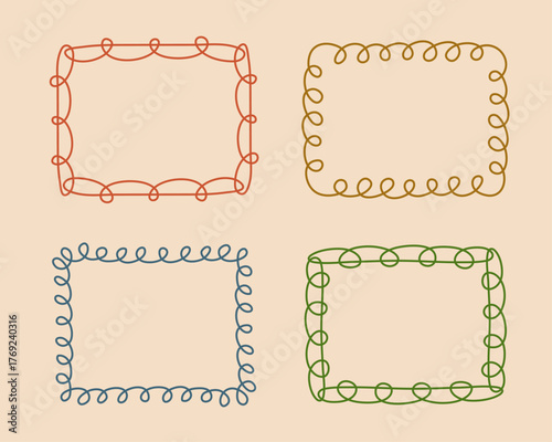 Rectangular doodle frame stamp, hand-drawn wavy curly engagement monograms. Edgings and cadres with simple sketchy scribble swirl design photo decoration old-fashioned greeting elements. Isolated. 
