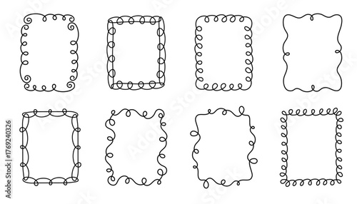 Rectangular doodle frame stamp, hand-drawn wavy curly engagement monograms. Edgings and cadres with simple sketchy scribble swirl design photo decoration old-fashioned greeting elements. Isolated. 
