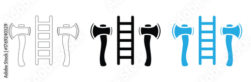 Labour day icon set.concept with icon of labour law, working hours, axe,mining cart,gear,brick wall ,traffic cone, protes,Axe and ladder icons for safety or construction designs,editable stroke icons,