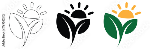 Agriculture logo design. Set of icon. Agronomy logo with plants on a fields on white background. Vector illustration.Eco sun logo design, plant and sun growth in three styles,editable stroke icons,