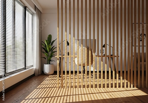 Modern home office with wooden partition and natural light streaming through blinds