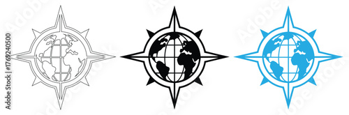 compass with a world logo,The Simple Global Compass Logo,Nautical compass rose globe icon set in black blue outline, editable stroke icons,