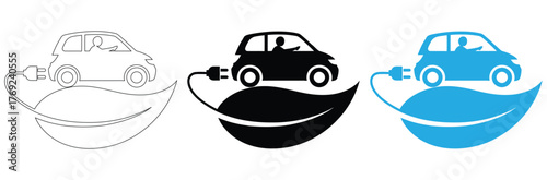 Set of black electric cars with plug. Electric car charger place. Recharger battery station for automobile.,Electric cars charging on leaf, environmentally friendly power,editable stroke icons,