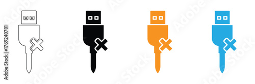 Usb icon logo design. Flash disk sign and symbol. flash drive sign. usb charging,Usb icon set. Flash disk icon,Disconnected USB drive with x mark for error or removal,editable stroke icons,