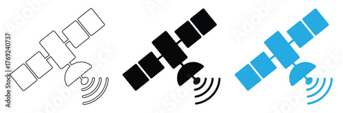 Wireless satellite technology icon set.Antenna, satellite and satellite dish icons.Satellite Data Icon,Vector illustration.modern technology for global reach,editable stroke icons,