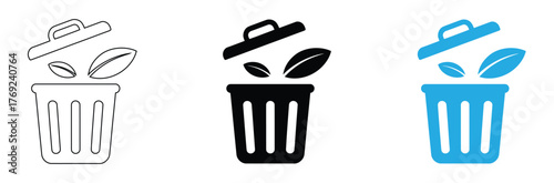 Vector Man Throw Garbage, Man Throw Garbage With Recycle Symbol Icon Set Isolated,Eco friendly recycling bin with leaves for clean environment,editable stroke icons,