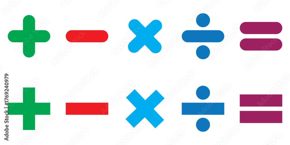 Obraz premium Basic mathematical symbol. Addition, subtraction, multiplication, division, equal sign, icon vector symbol. Plus, minus, multiply, divide and equal sign icon design set. Mathematical symbol icon. 