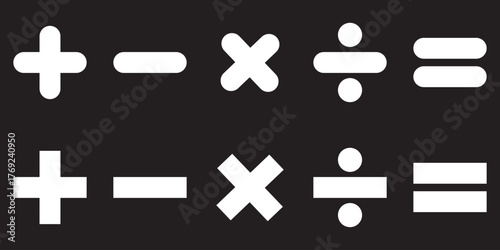 Basic mathematical symbol. Addition, subtraction, multiplication, division, equal sign, icon vector symbol. Plus, minus, multiply, divide and equal sign icon design set. Mathematical symbol icon. 