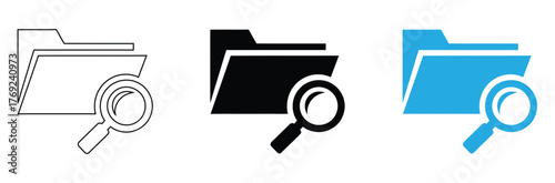 Search Folder Icons Magnifying Glass Overlapping File Black and White Color Vector Design,Find files easily with magnifying glass,folder design,editable stroke icons,