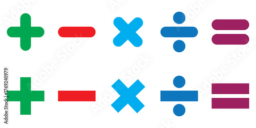 Basic mathematical symbol. Addition, subtraction, multiplication, division, equal sign, icon vector symbol. Plus, minus, multiply, divide and equal sign icon design set. Mathematical symbol icon. 