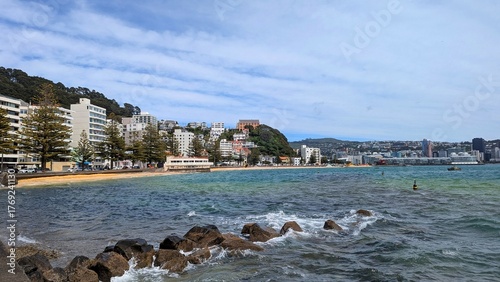 Scenic landscape view of houses and apartments in Oriental Bay with sea views overlooking harbour in capital city of Wellington, New Zealand Aotearoa