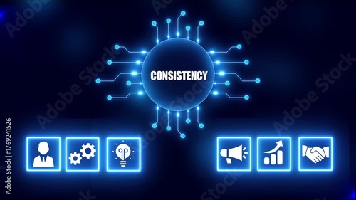Digital illustration of business consistency concept with icons and glowing circuit board on dark blue background