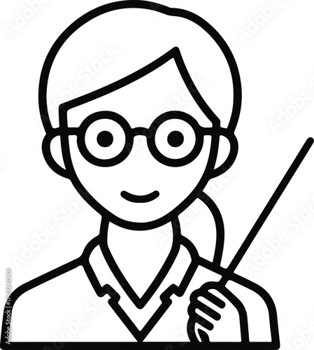 Simple line art icon of a smiling female teacher or professor wearing glasses holding a pointer stick