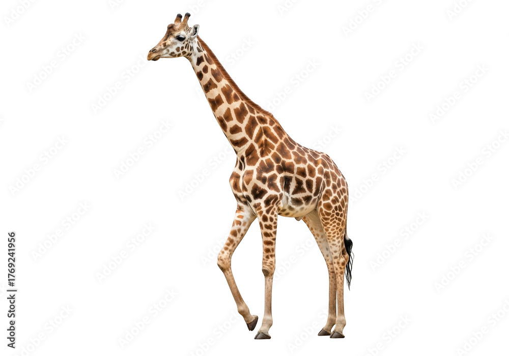 Obraz premium A tall giraffe walking with its head turned to the side isolated on transparent background