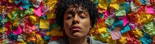 Wallpaper Mural Person overwhelmed with colorful sticky notes covering their entire body and desk a concept. A person surrounded by colorful notes, reflecting on emotions. Torontodigital.ca