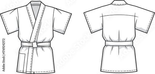 White kimono robe garment front and back view fashion flat sketch, short sleeves belt design apparel template, vector illustration drawing