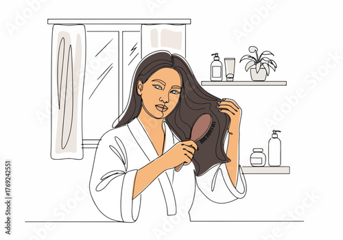 Woman brushing her long hair in a minimalist one-line art style. Hair care and self-care routine at home concept. Continuous single line drawing