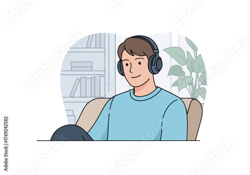 A young man listening to music with headphones at home. Flat design character graphic for relaxation and leisure concepts
