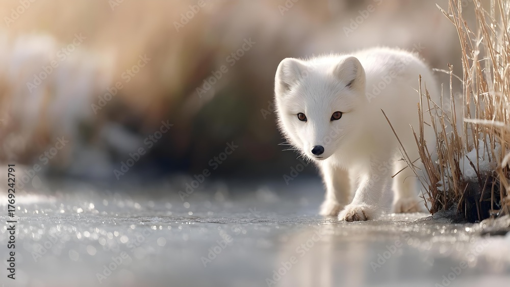 Fototapeta premium A white Arctic fox cub walking on ice beside dry grasses in a sunlit winter scene. Concept Arctic fox cub on ice, Sunlit winter landscape, Dry grasses by ice, White fur in sunlight