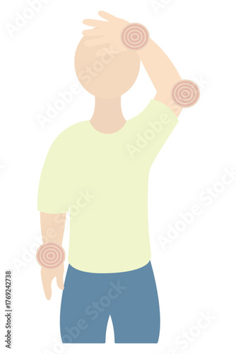 The patient has joint pain and a headache. The joints in the hands and elbows hurt. Color vector illustration. Isolated on white background. Flat style. Medical theme. Web design idea