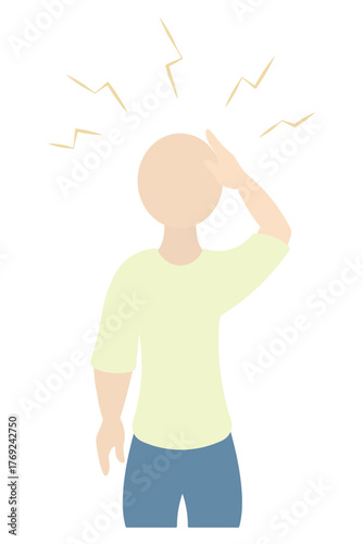 Headache. Patient holding his head with his hand. Sparks are coming from his head. Color vector illustration. A person has a terrible migraine. Isolated background. Flat style. Medical theme.