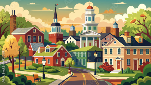 Very beautiful view of the Historic District in Dover, Delaware’s capital, showcasing charming brick buildings, tree-lined streets, and colonial architecture under a clear sunny sky.