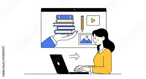 Online Education Woman Learning with Digital Resources and Books on Computer