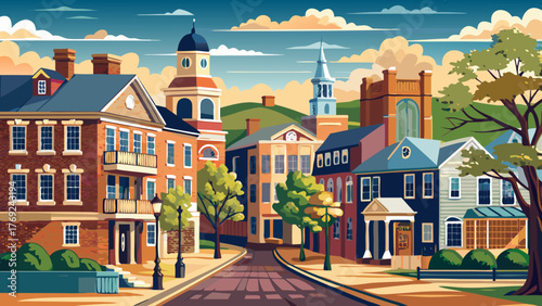 Very beautiful view of the Historic District in Dover, Delaware’s capital, showcasing charming brick buildings, tree-lined streets, and colonial architecture under a clear sunny sky.