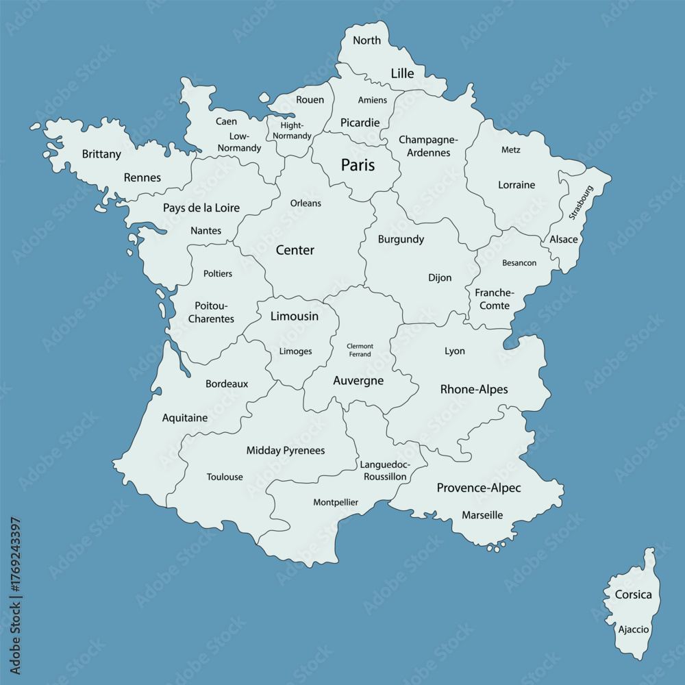 Obraz premium Flat design map of France with labeled regions and main cities. Ideal for education, infographic layouts, travel presentations, and geography teaching materials.