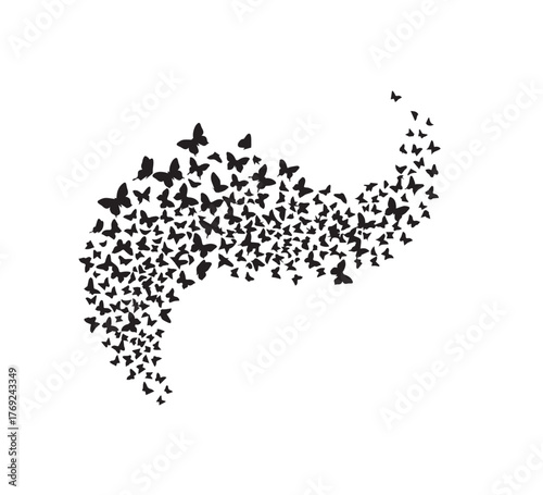 Graceful Metamorphosis A Swarm of Butterflies Ascending in a Black Silhouette Against a Clean White Canvas