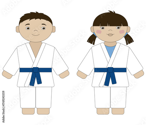 Vector illustration of two children in judo uniforms, isolated on a white background. Perfect for sports, education, and children's themes.