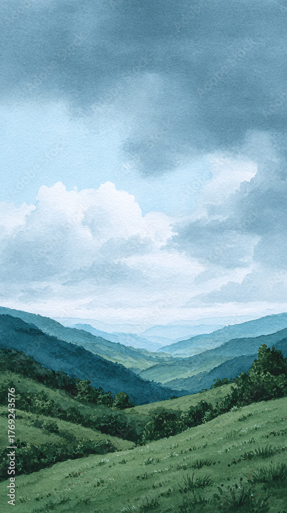 Naklejka premium Explore the Serene Beauty of a Watercolor Landscape with Lush Green Valleys and Dramatic Cloud-filled Skies Perfect for Nature Lovers and Art Enthusiasts Alike.