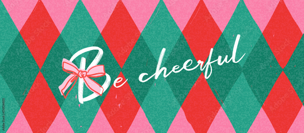 Obraz premium Christmas banner, card, poster, cover, background. Modern bright Christmas design with hand drawn doodle diamond pattern and bow for seasonal greetings, sales, printing and advertising.