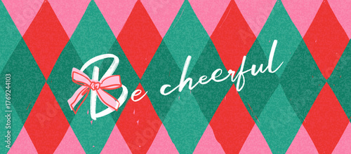 Christmas banner, card, poster, cover, background. Modern bright Christmas design with hand drawn doodle diamond pattern and bow for seasonal greetings, sales, printing and advertising.