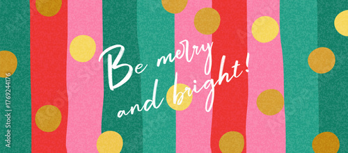 Christmas Holiday banner, card, poster, cover, background. Modern bright Xmas design with doodle hand drawn elements, stripes and golden confetti for season greetings, sales, print and ads.